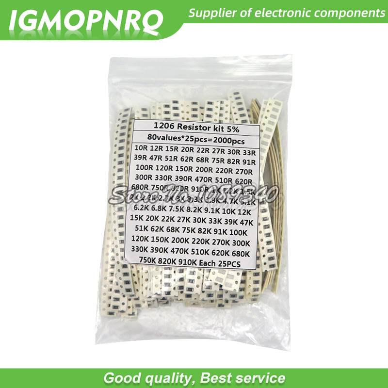 2000PCS 10 โอห์ม 910K โอห์ม 1206 SMD Resistor Kit ชุดสารพัน 5% 80 ค่า*25PCS ตัวต้านทาน SMD 10K 470/1