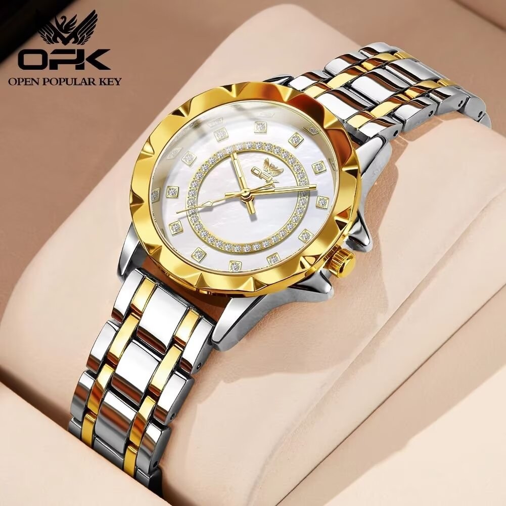 OPK นาฬิกาสําหรับผู้หญิงกันน้ําสแตนเลสสตีลสีขาวแฟชั่น Relo พร้อมเพชร 6011