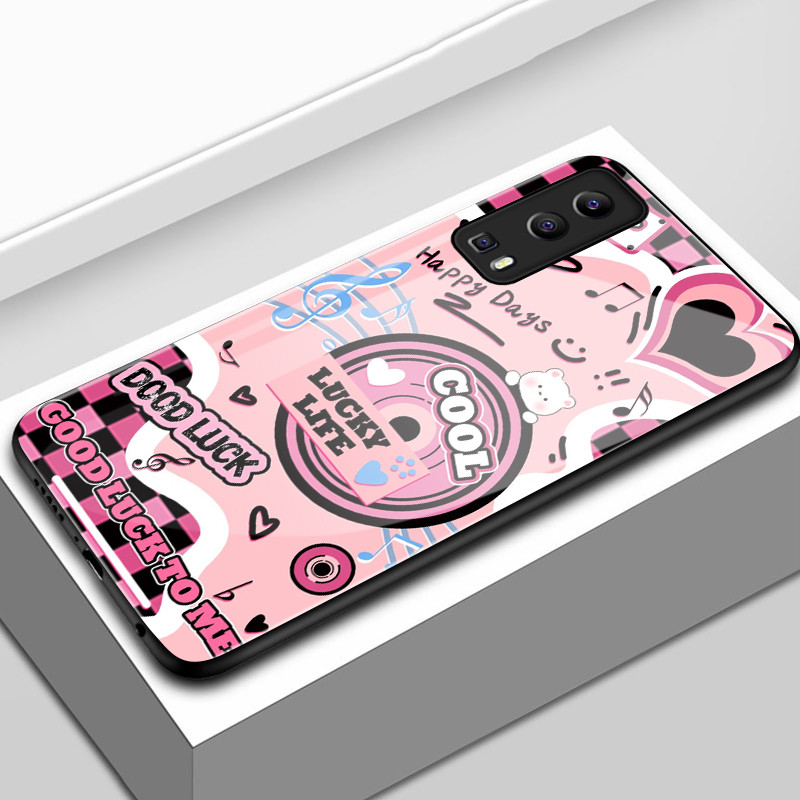เคสสำหรับ VIVO Y72 5G Y52 5G Y75s 5G Y53s 5G Y76 5G เคสโทรศัพท์รูปหัวใจผีเสื้อเพลงเปลือกแก้วกันกระแทก