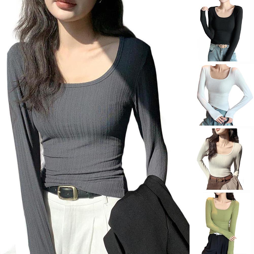 [LMS] ผู้หญิง U คอ Basic แขนยาว Layering เสื้อตัดต่ําติดตั้งสไตล์ยกทรงด้านบน