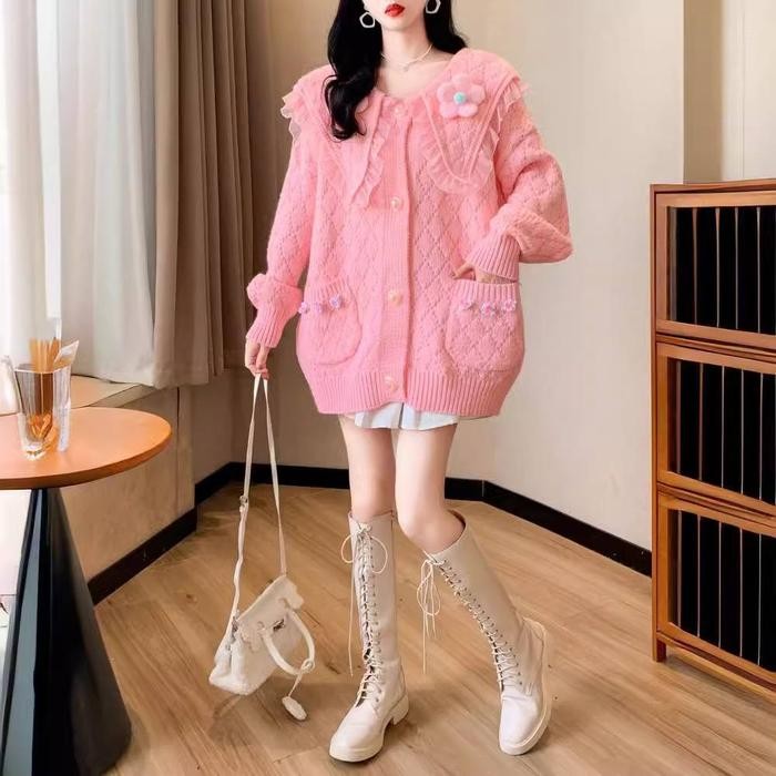 ง1ปี- Gs - เสื้อคาร์ดิแกนลายดอกไม้น่ารักพร้อมคอปกเด็กคอปกกะลาสีโอเวอร์ไซส์สไตล์เกาหลีพรีเมี่ยม