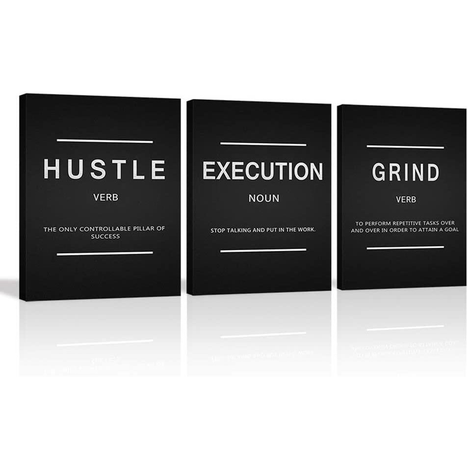 3 ชิ้นของ Grind Verb Hustle Verb Executiion Noun สร้างแรงบันดาลใจ Wall Art ผ้าใบพิมพ์ Office Decor I