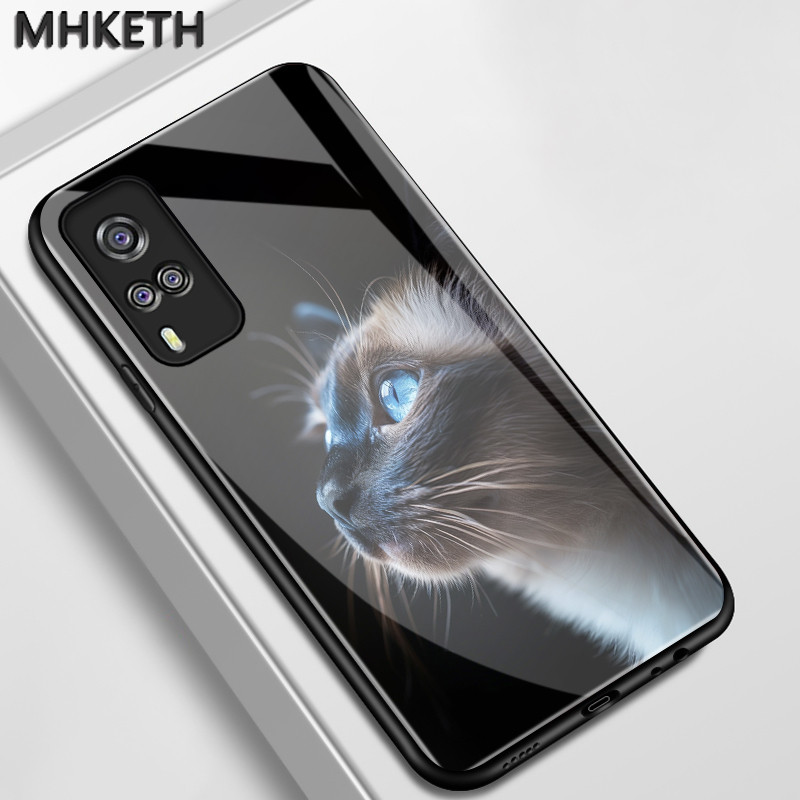 เคสสำหรับ VIVO Y51 2020 Y31 2021 Y51A 2021 Y53s Y33 เคสโทรศัพท์แก้วเรียบหูฟังลายแมวน่ารัก