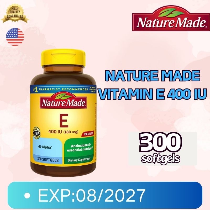 Nature Made Vitamin E 180 mg (400 IU) dl-Alpha, ผลิตภัณฑ์เสริมอาหารสําหรับสารต้านอนุมูลอิสระ, 300 ซอฟท์เจล EXP:08/27