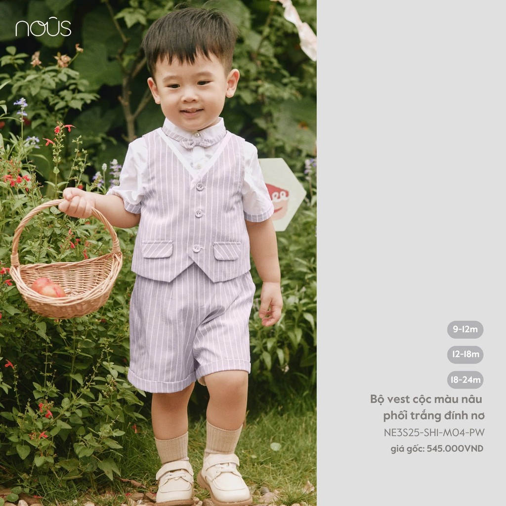 NOUS (9M-18M) – เสื้อกั๊กสั้นสีน้ําตาลและสีขาวมีสไตล์พร้อมโบว์สําหรับเด็ก – NE3S25-SH1-M04-PW ZZ