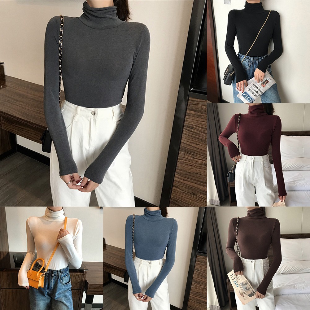 [LMS] เสื้อเชิ้ตคอเต่าสีทึบสําหรับผู้หญิงเสื้อยืดแขนยาวทรงสลิมฟิต