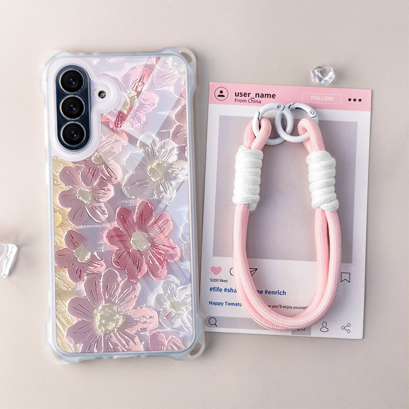 SAMSUNG GANTUNGAN HP UNGUสีม่วงดอกไม้ + ที่วางโทรศัพท์สําหรับSamsung Galaxy A56 5G A06 4G 5G A16 A36