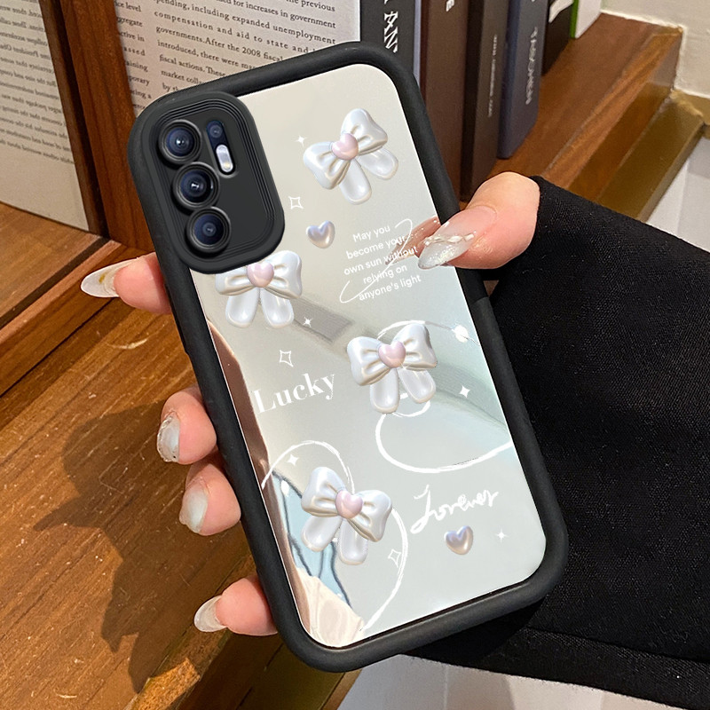 OPPO Reno 6 เคสโทรศัพท์ HP Case Pearl Bow Pattern Case Mirror Ccessing Case Silicone Softcase