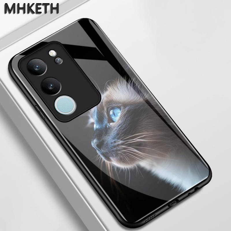 เคสสำหรับ VIVO V29 5G V29 Pro 5G V29E 5G V27 5G V27 Pro 5G เคสโทรศัพท์แก้วเรียบหูฟังลายแมวน่ารัก