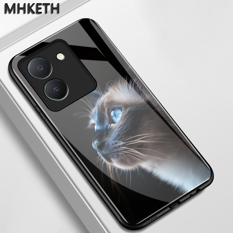 เคสสำหรับ VIVO Y36 5G Y27 5G Y27s Y77T Y35 4G เคสโทรศัพท์แก้วเรียบหูฟังลายแมวน่ารัก