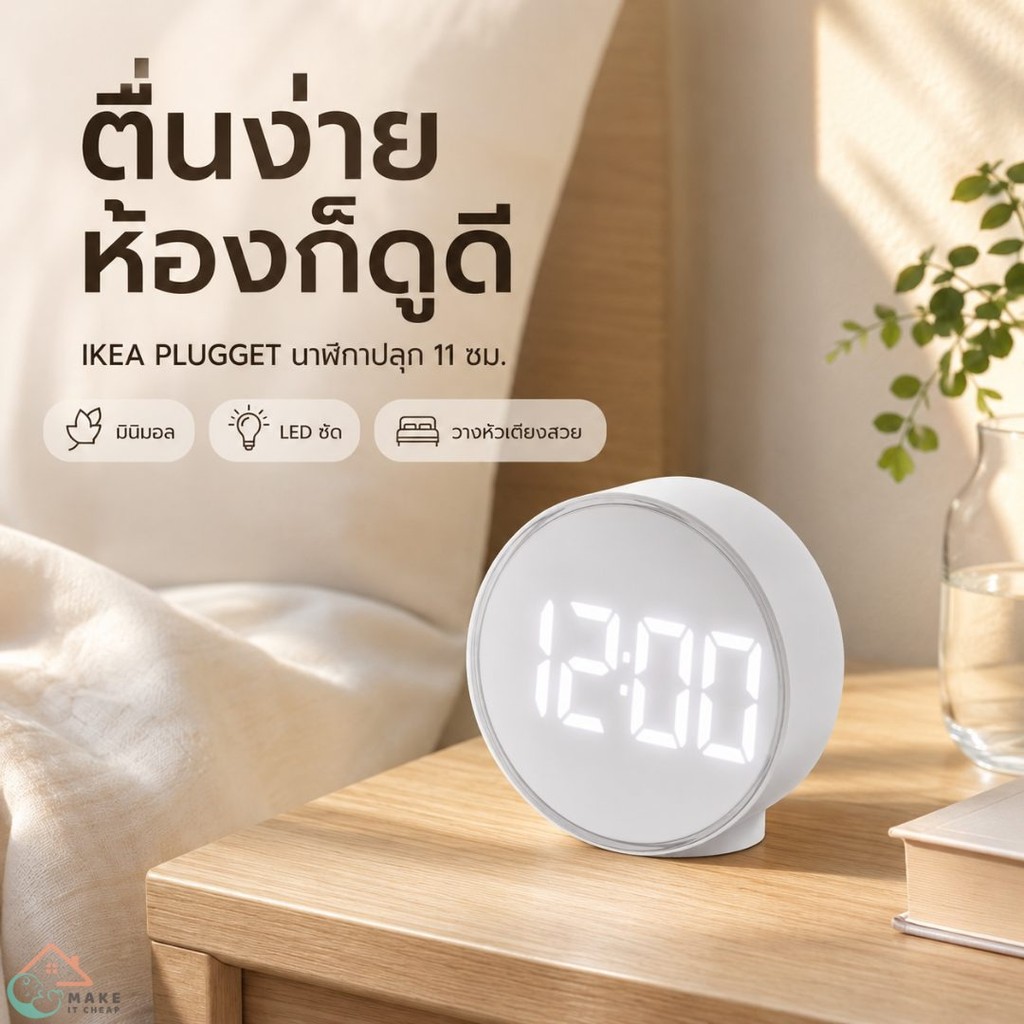 IKEA PLUGGET พลุกเกียต นาฬิกาปลุกตั้งโต๊ะ สีขาว 11 ซม. ดีไซน์มินิมอล จอชัด มีเสียงปลุก ใช้งานง่าย แต่งห้องดูดี