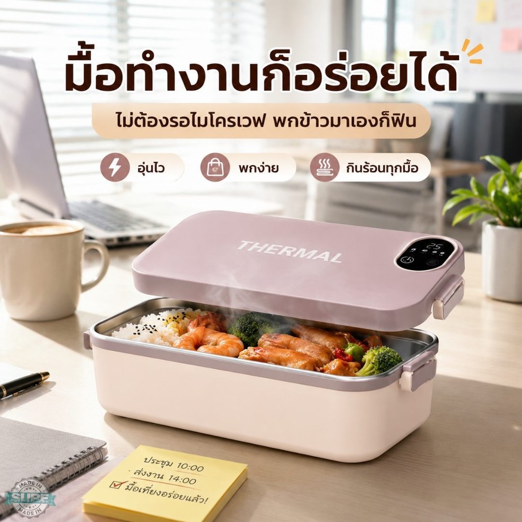 กล่องข้าวไฟฟ้า USB อุ่นอาหารพร้อมกิน ถาด304 ถอดล้างง่าย 900ml ดีไซน์สวย พกไปทำงานหรือเดินทางสะดวกทุกมื้อ คุ้มมาก