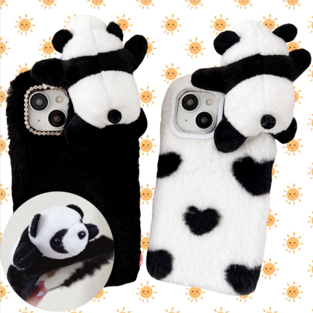 SAMSUNG สําหรับSamsung A07 A17 A06 A16 A26 A36 A56 A05 A15 A25 A35 A55 A04 A14 A24 A34 A54 A13 A23 A33 A53 Furry PANDAเคสโทรศัพท์น่ารัก 3D Soft Heart Plushการ์ตูนตุ๊กตา
