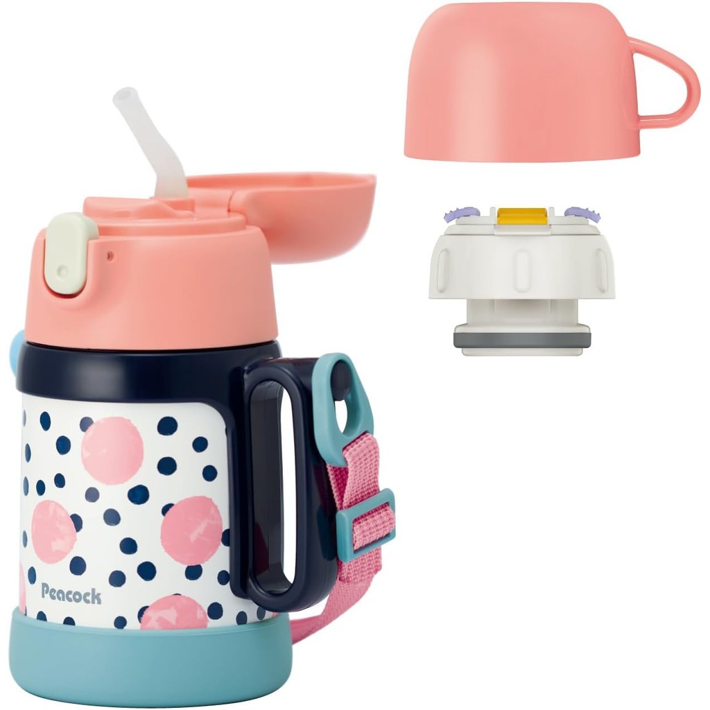 Peacock Kids Bottle 400ml – 2-Way Straw & Cup Leak Proof ASK-W40P Blue Gray | Ships from Japan