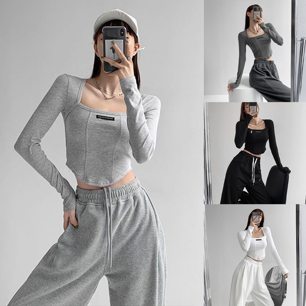 [LMS] ผู้หญิงสําหรับ American Bone Fish Slim Fit Crop Top เสื้อยืดแขนยาวคอเหลี่ยม