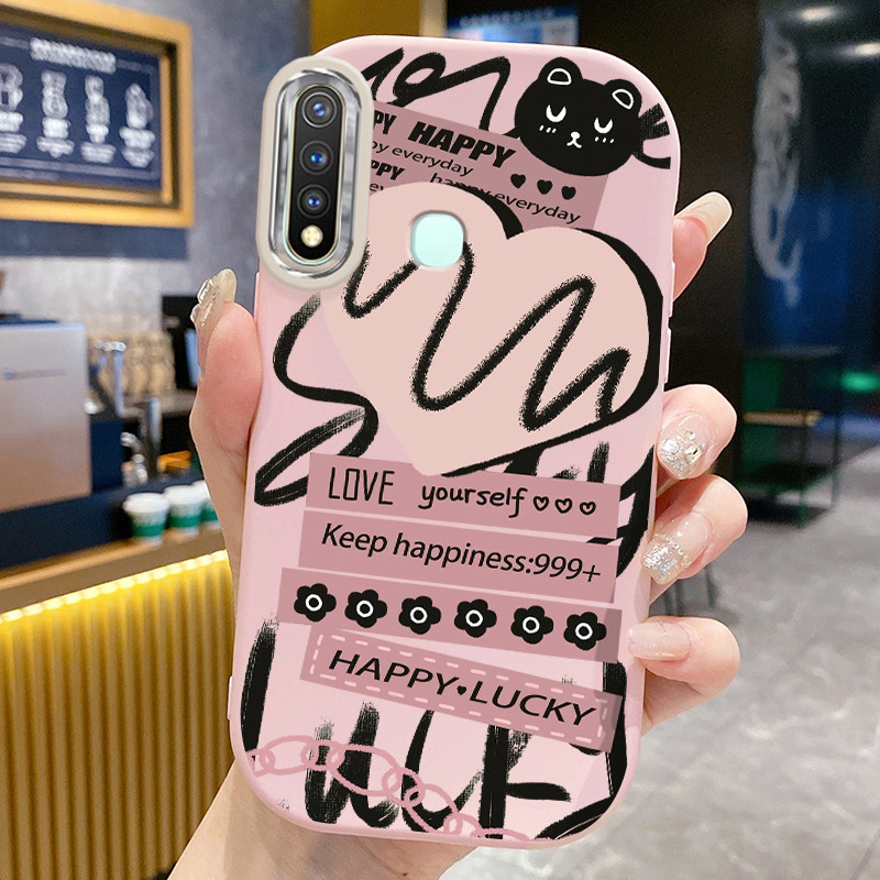 เคสสำหรับ VIVO Y19 Y5s เคสโทรศัพท์แมวรูปหัวใจดอกไม้กันกระแทกกลมและอ้วน