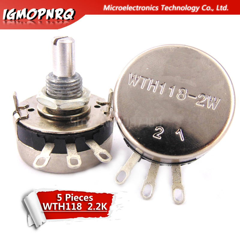 5PCS WTH118 2W 1A Potentiometer 2.2k โอห์ม WTH118-2W รอบเพลาคาร์บอนโรตารี Taper Potentiometer