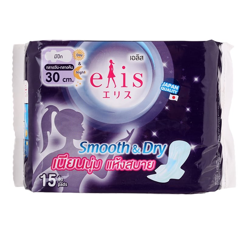 ELIS เอลิสสมูธแอนด์ดรายผ้าอนามัยแบบสลิมมีปีกสำหรับกลางคืน 30ซม. 15ชิ้น [8858947831520]