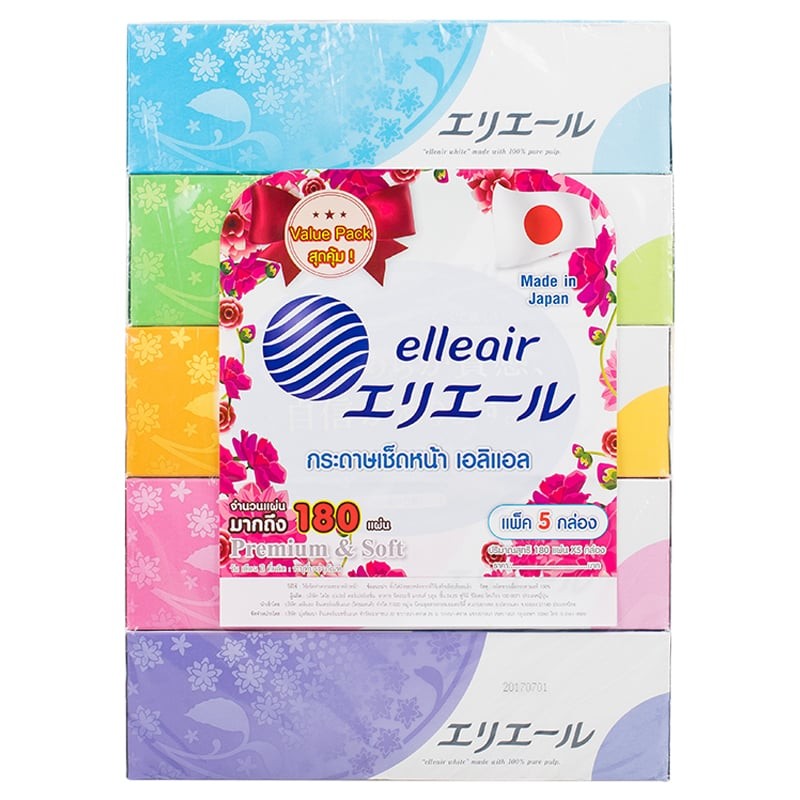 ELLEAIR เอลิแอลกระดาษเช็ดหน้าพรีเมี่ยม 180แผ่น แพค 5 [4902011713619]
