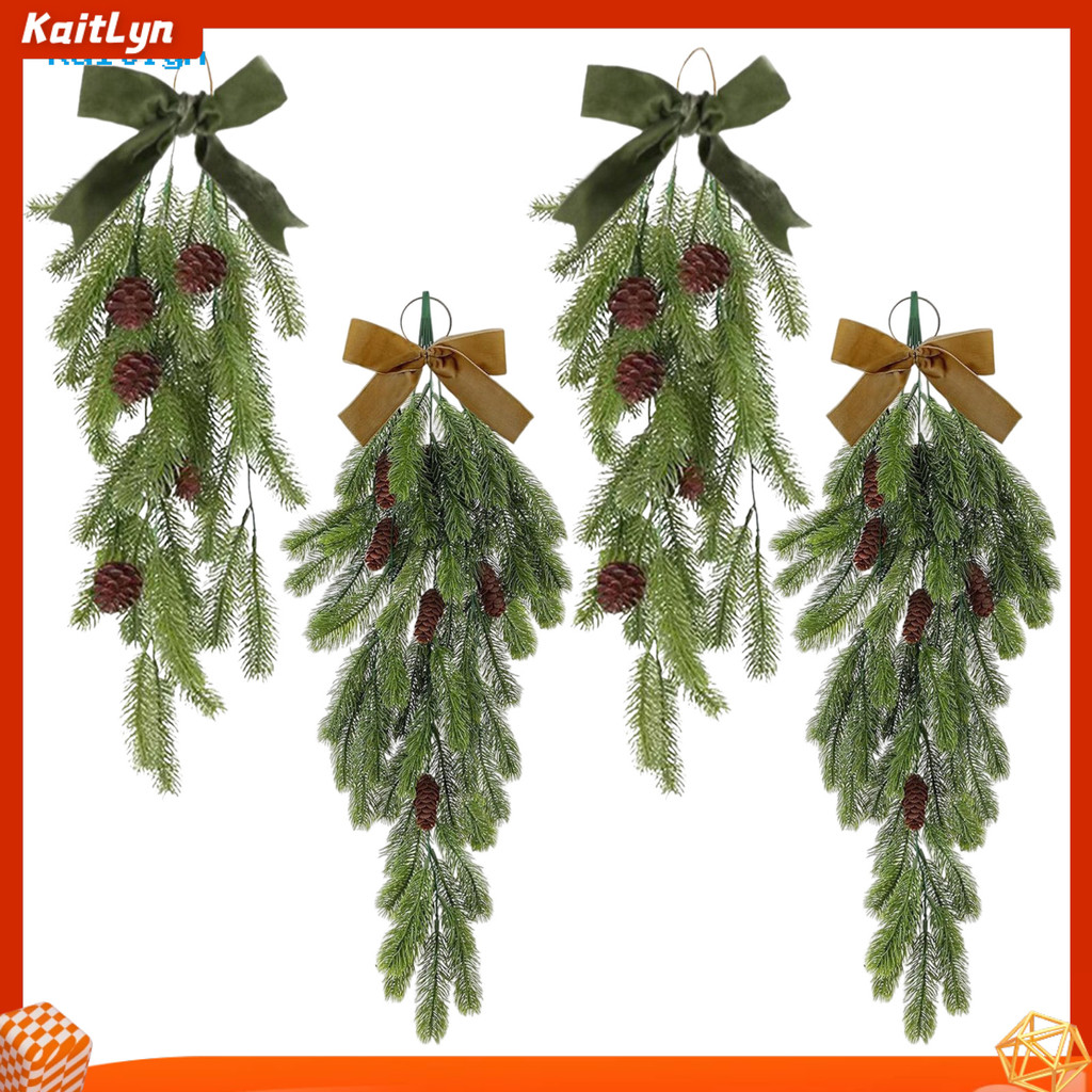 Kaitlyn 2 ชิ้นคริสต์มาส Teardrop Swag Faux Pine เข็ม Swag พร้อม Pine Cones และ Bow ประดิษฐ์แขวน Gree