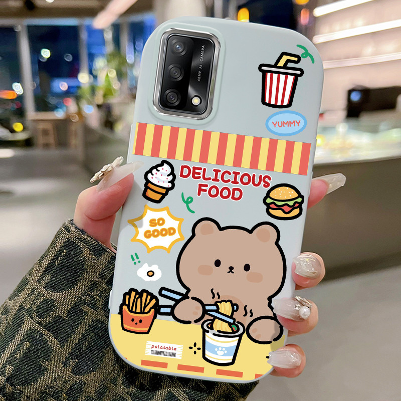 HP เคสโทรศัพท์สําหรับ OPPO A74 A95 F19 F19s Reno 6 Lite กรณีบะหมี่กึ่งสําเร็จรูป Motif หมีขนาดเล็กขน