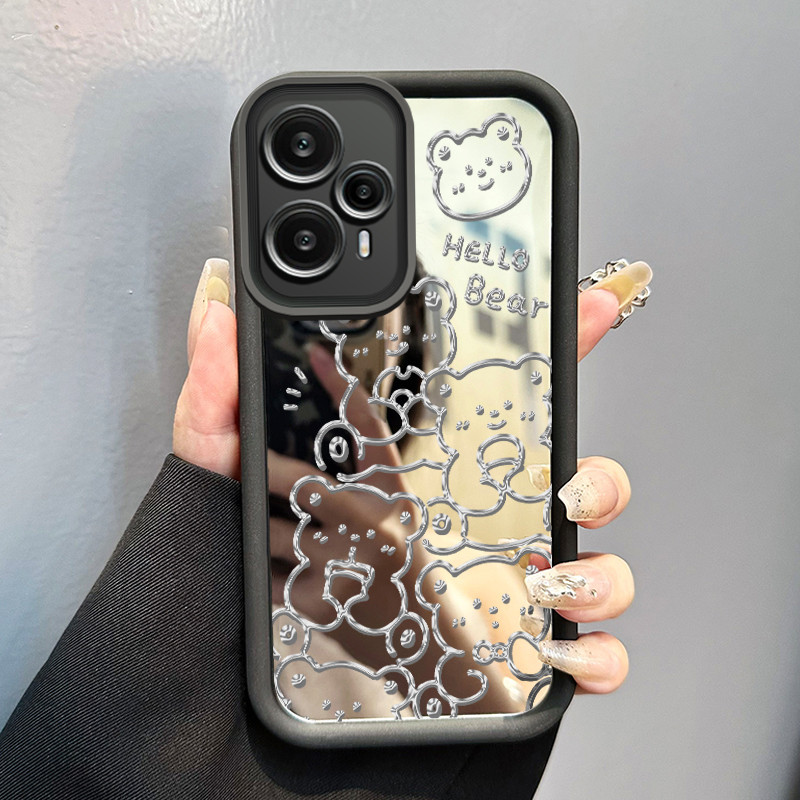 HP Xiaomi 14 14T 14T Pro 5G POCO F6 F5 กรณีขนาดเล็กหมีรูปแบบเคสโทรศัพท์ Cesing กระจกเคสโทรศัพท์ซิลิโ