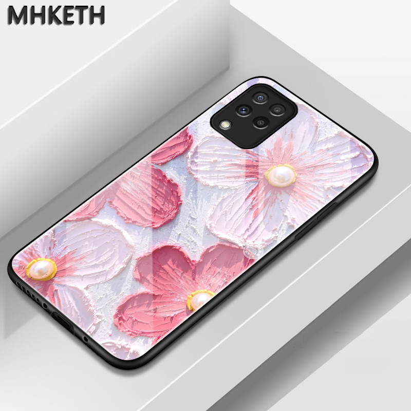 เคสสำหรับ Samsung A22 M22 A22 5G เคสโทรศัพท์ฝาหลังกระจกลายดอกไม้ใหม่