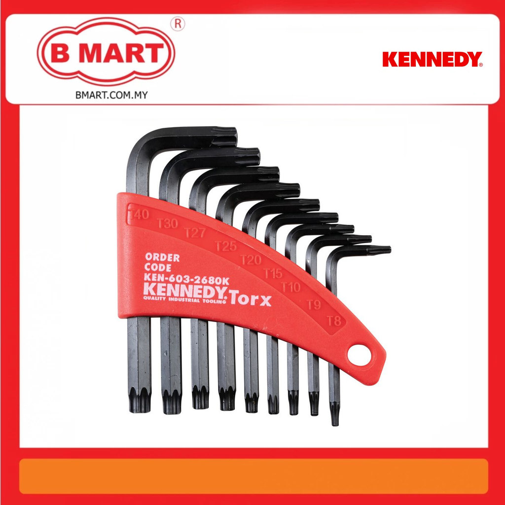 Kennedy 090-24TS, กุญแจ Torx, ที่จับ L, Torx กันการงัดแงะ, T8-T40, 9 ชิ้น