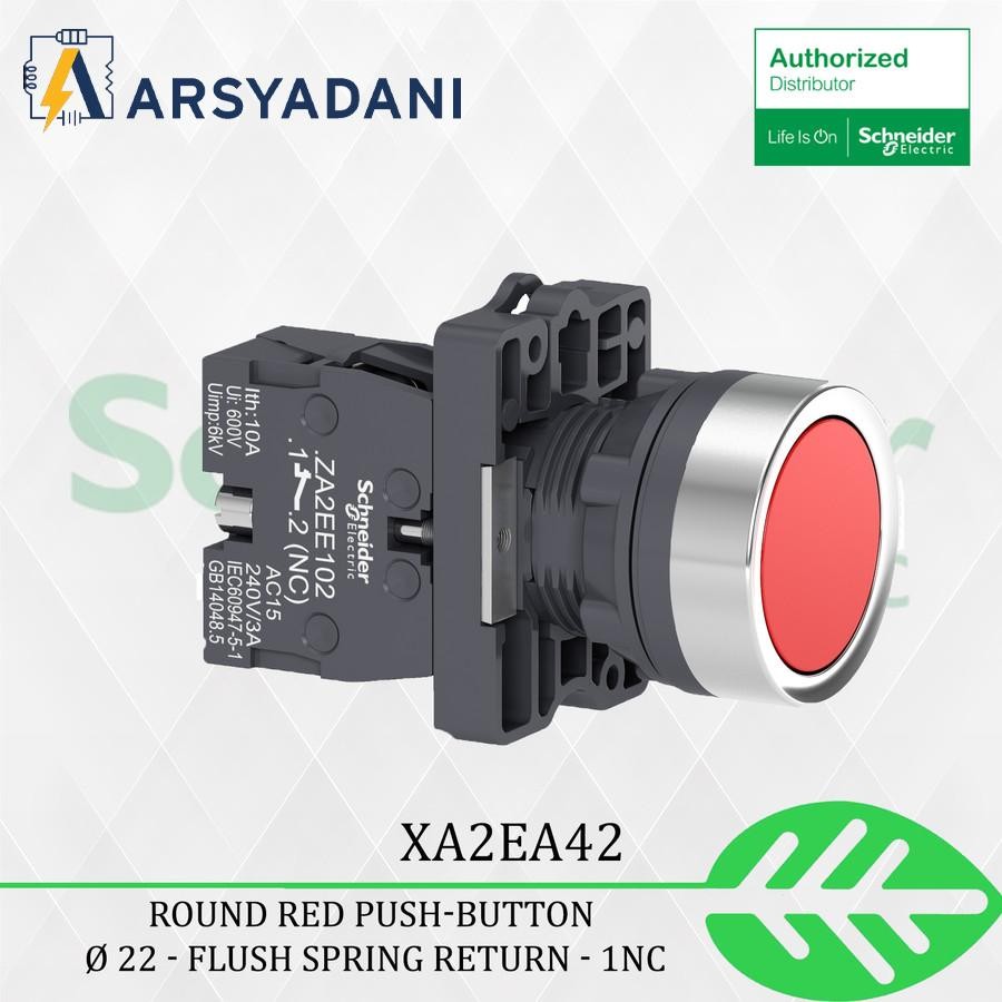 SCHNEIDER - ปุ่มกดสีแดงทรงกลม Ø 22 - คืนสปริงฟลัช - 1NC / XA2EA42