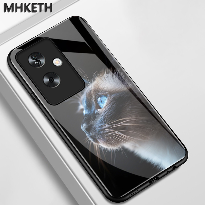 เคสสำหรับ OPPO A79 5G A2 5G เคสโทรศัพท์แก้วเรียบหูฟังลายแมวน่ารัก