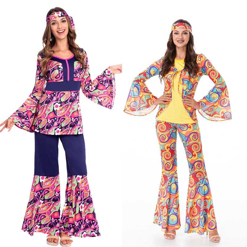 Retro 60s-70s Hippie คอสเพลย์ Carnaval ฮาโลวีนสำหรับผู้หญิง พาร์ตี้ Hippie Rock Disco