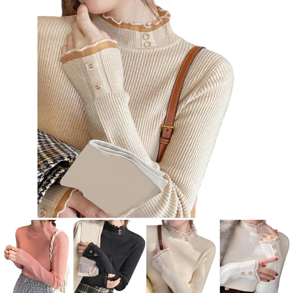 ROLADY Jacket ถักครึ่งคอเต่า ลายลูกไม้ สำหรับผู้หญิง อบอุ่นในฤดูหนาว