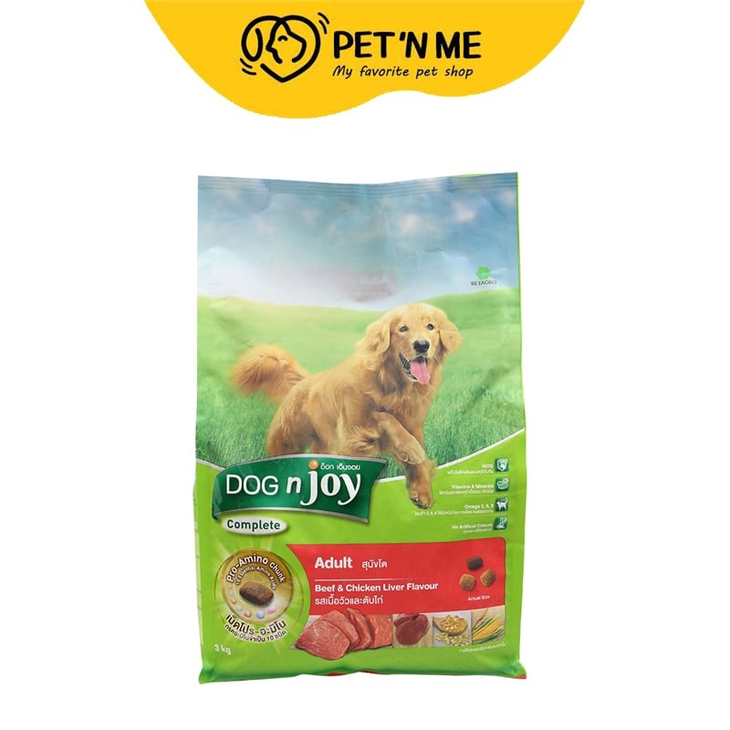 [จัดส่งจากคลัง] DOG N JOY ด็อกเอ็นจอยคอมพลีทอาหารสุนัขโตรสเนื้อวัวและตับไก่ 3กก. [8859104005013]