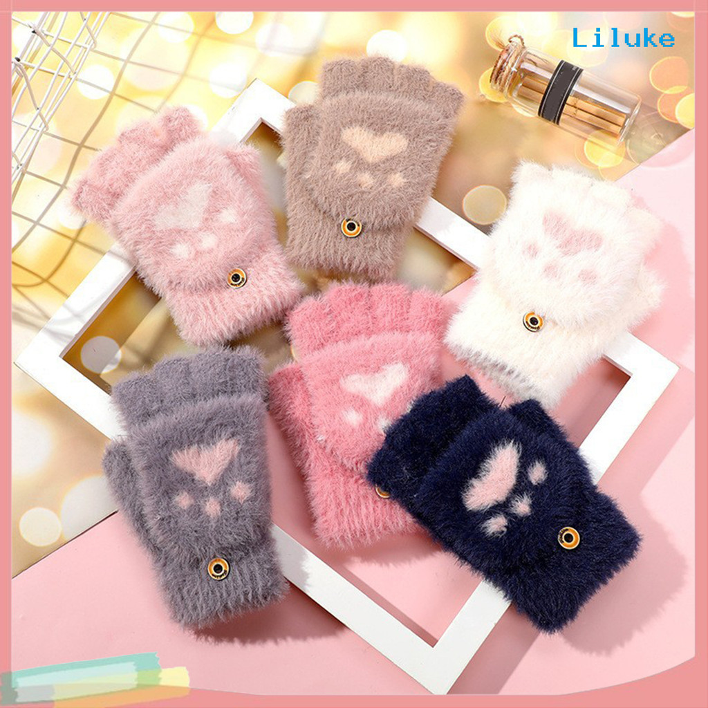[LK] 1 คู่ผู้หญิงฤดูหนาวถุงมือแมวน่ารัก Paw Shape นุ่มหนา Plush Elastic Flip-finger ถักห้านิ้ว Anti-
