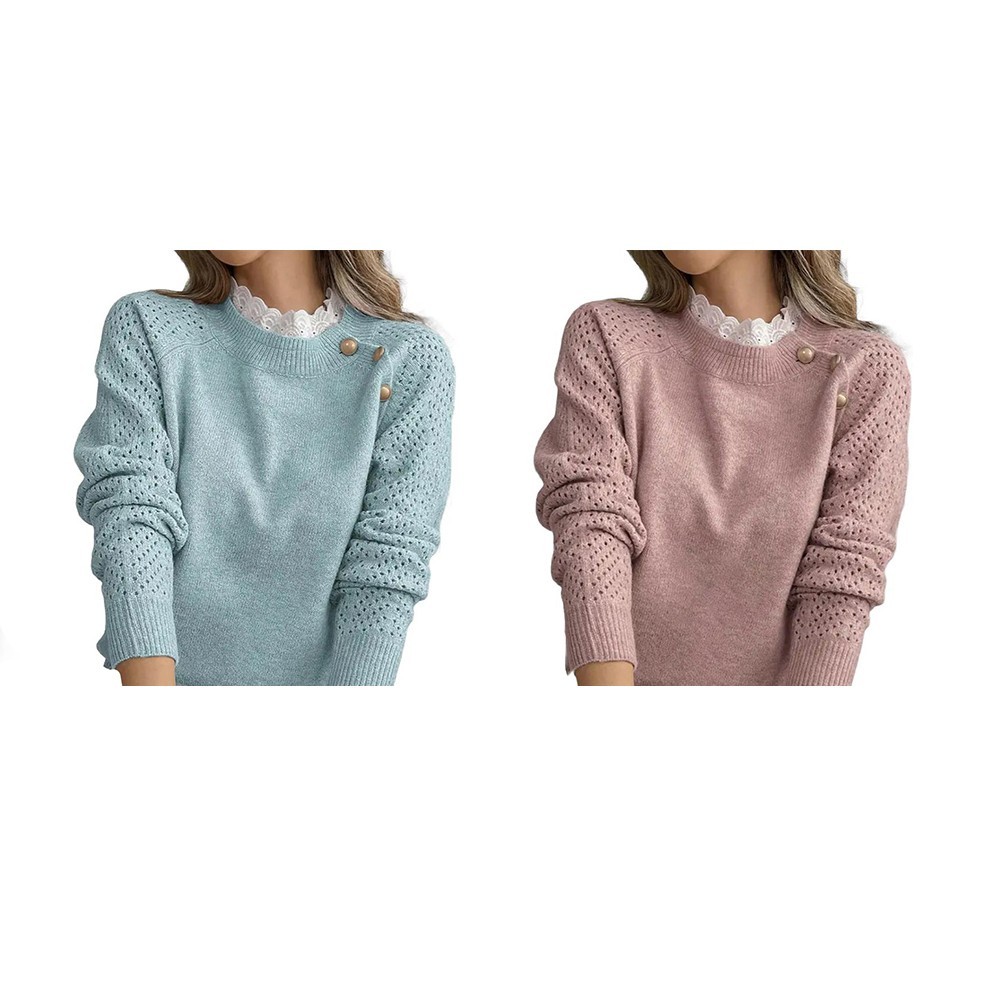 [LMS] ผู้หญิงแขนยาวลูกไม้รอบคอไหล่แนวทแยงถักเสื้อสวมหัว