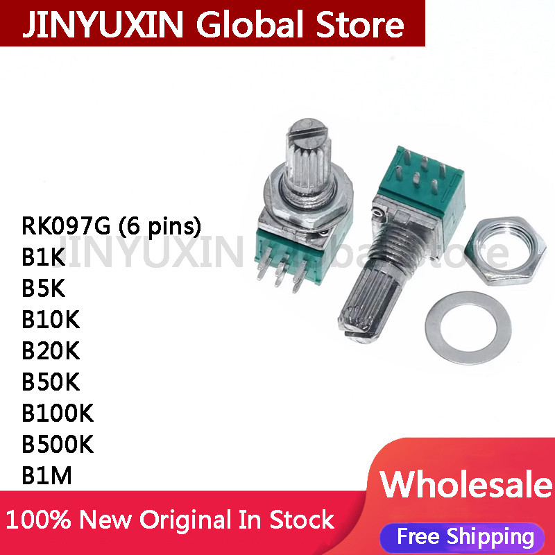 5PCS RK097G 6 pins B1K B5K B10K B20K B50K B100K B500K 15 มม., 5 ฟุต B1K B5K B10K B20K B50K B100K B50