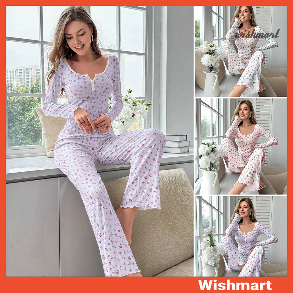 [WT] ชุดนอนสตรีแขนยาว Ruffle Trim V คอ Crop Top และกางเกงขากว้างชุดนอนชุดดอกไม้พิมพ์ 2 ชิ้น Pjs ชุด