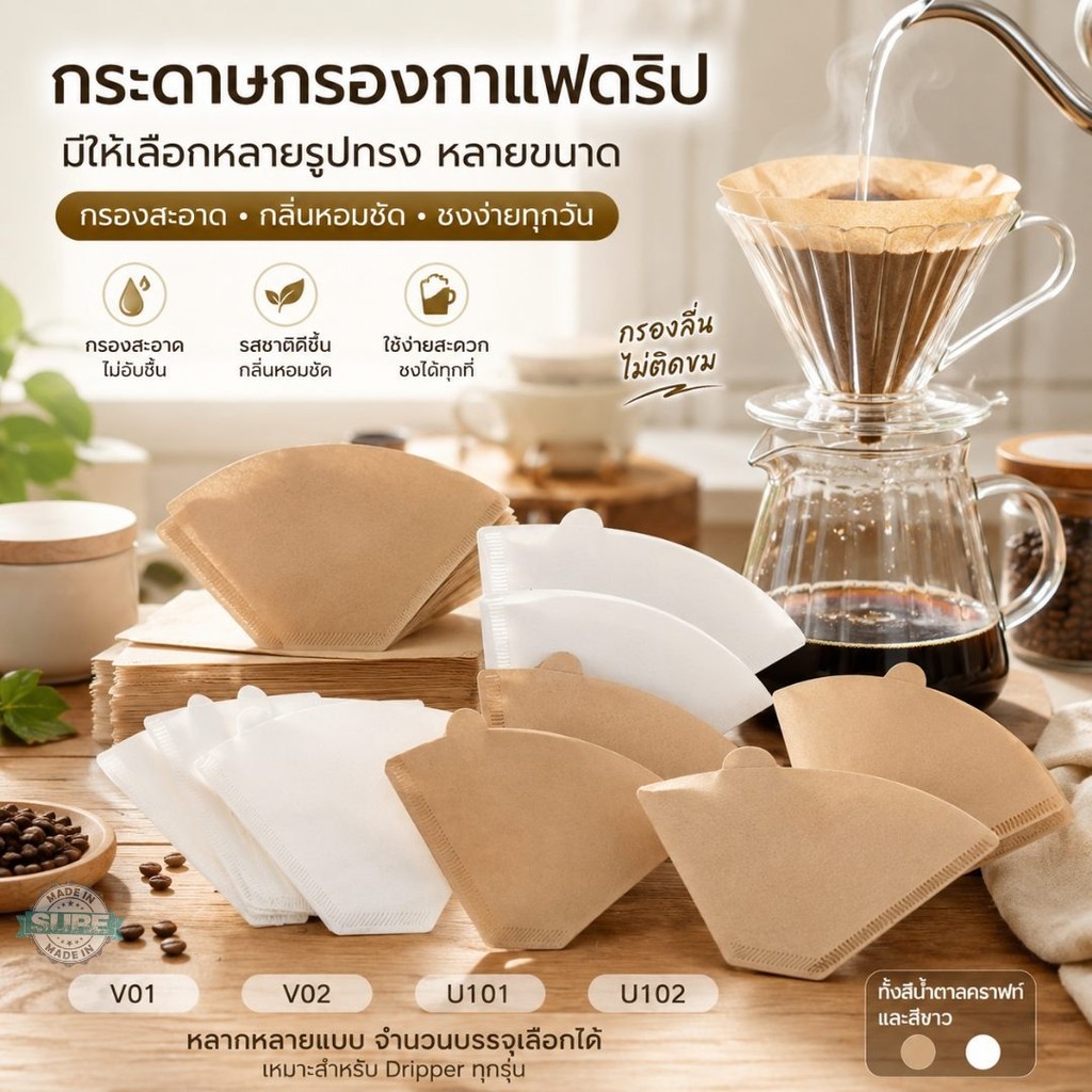 ฟิลเตอร์กระดาษกรองกาแฟ 100 แผ่น สำหรับชงกาแฟดริป V01 V02 U101 U102 มีสีขาว/น้ำตาล ใช้แล้วทิ้งสะดวก