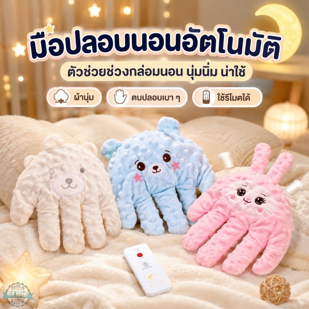 ตุ๊กตาหมีกระต่ายปลอบนอนอัตโนมัติ หมอนมือตบกล่อมเด็ก พร้อมรีโมตควบคุม อุ่นถั่วแดง นุ่มสบาย น่าซื้อ