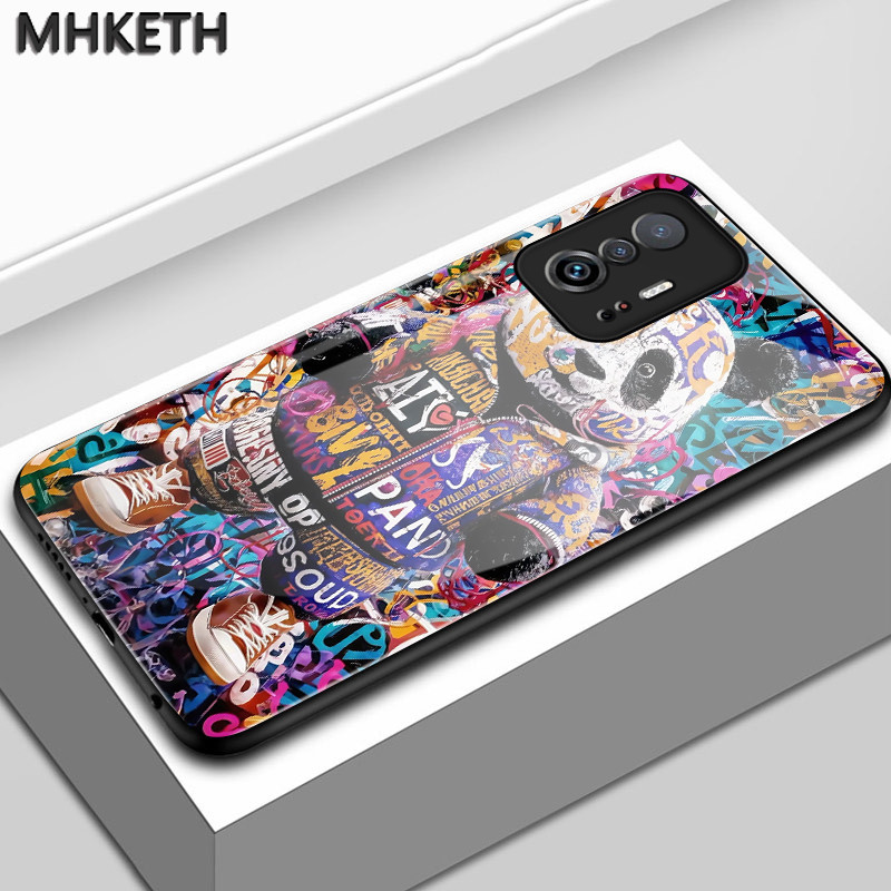 เคสสำหรับ Xiaomi 11T 11T Pro 10 Ultra 5G เคสฝาครอบป้องกันดีไซน์รูปแพนด้าเคสโทรศัพท์แก้วกราฟฟิตีสีสันสดใส