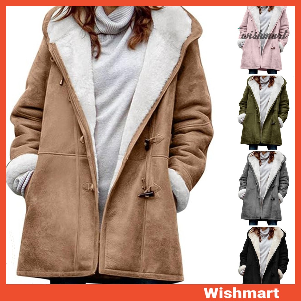 [น้ําหนัก] เลดี้เสื้อหนาวมีฮู้ดและกระเป๋าหนาขนแกะเรียงรายหนังนิ่ม มารยาท กลางความยาวแจ็คเก็ตความร้อนแขนยาวกลางแจ้งแจ๊กเก็ตลําลอ