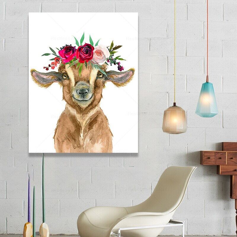 เด็กน่ารักแพะ wFlower Crown Wall Art ตกแต่งบ้านบ้านไร่ฟาร์มของขวัญเด็กสัตว์ภาพพิมพ์ 1210