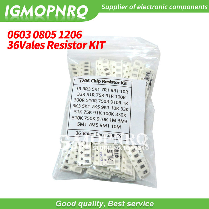 36Value * 20PCS =720PCS 0603 0805 1206 SMD Resistor Kit Assorted Kit 1 โอห์ม 10M โอห์ม 10K 100K