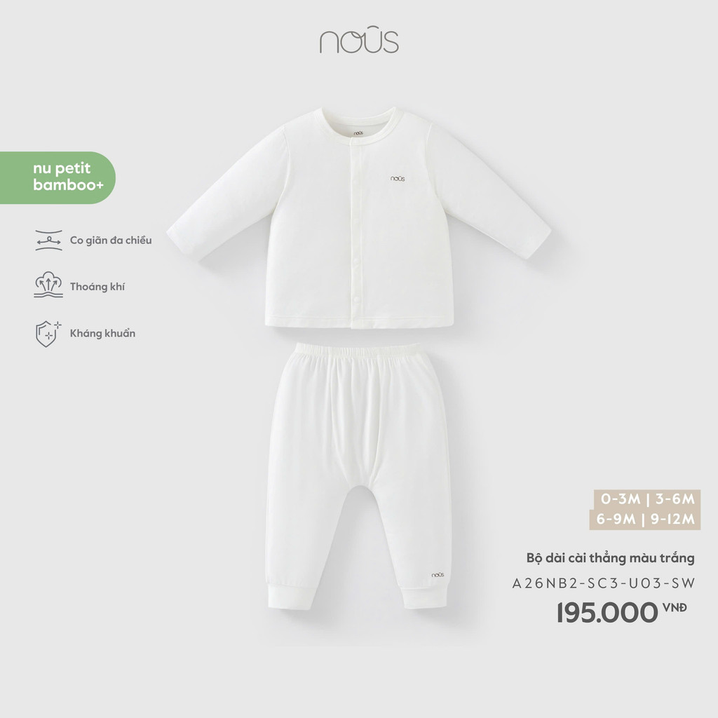 NOUS (0M-9M) – ชุดแขนยาวกระดุมตรงสีขาวยางยืดผ้าฝ้ายต้านเชื้อแบคทีเรีย – A26NB2-SC3-U03-SW ZZ