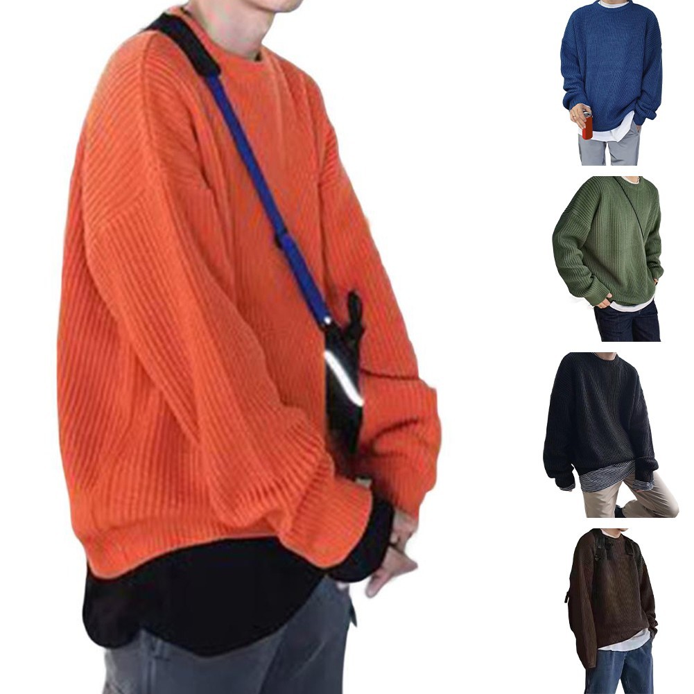 [LMS] เสื้อสเวตเตอร์สวมหัวสีทึบคอลูกเรือสําหรับผู้ชายเสื้อสเวตเตอร์ถักไหมพรมลําลอง