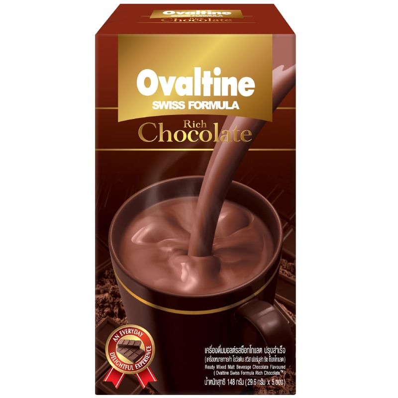 OVALTINE โอวัลตินสวิสริชเครื่องดื่มมอลต์รสช็อกโกแลตปรุงสำเร็จ 29.6กรัม แพค 5ซอง [8850086142970]