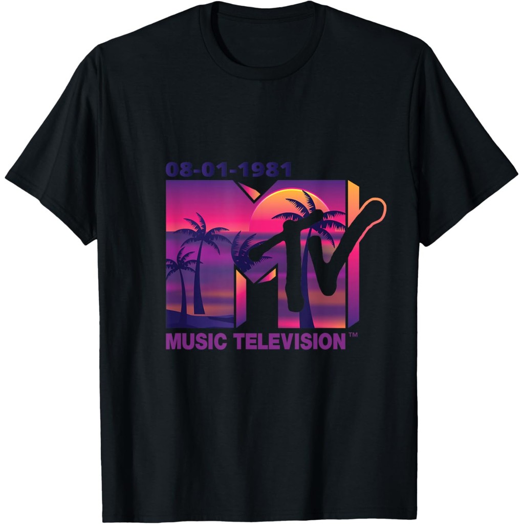 เสื้อยืด Sunset ผ้าฝ้ายผู้ชาย จากMademark x MTV ออกแบบโดยมีโลโก้ MTV และปาล์มสีม่วง