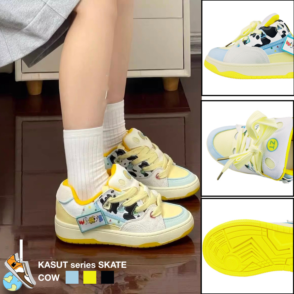 TAELLO 36-40 ONLINE EXCLUSIVE รองเท้าผ้าใบสีเหลือง DOTS สีขาว SKATE รองเท้า insta เพิ่มความสูงสบายเท