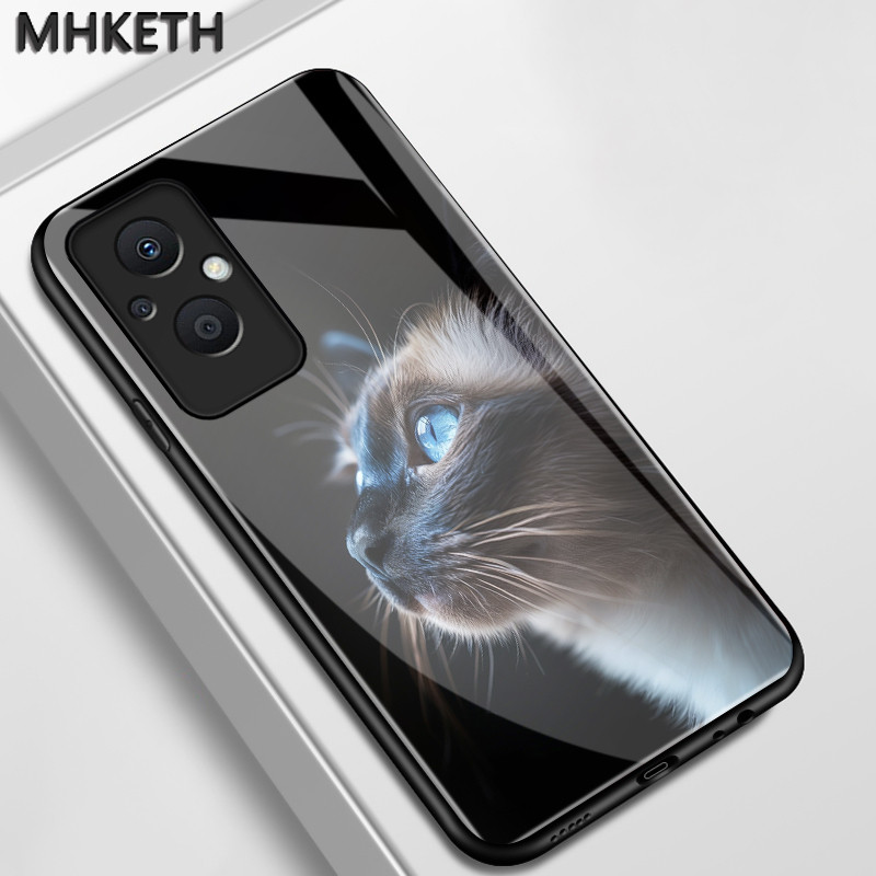 เคสสำหรับ OPPO Reno 7Z 5G Reno 8Z 5G Reno 7 Lite 8 Lite เคสโทรศัพท์แก้วเรียบหูฟังลายแมวน่ารัก