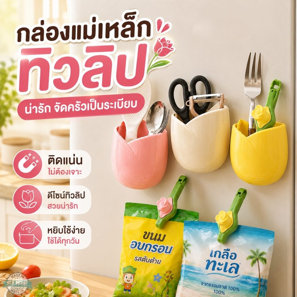 กล่องติดตู้เย็นแม่เหล็กทรงทิวลิป กล่องใส่ช้อนส้อม กรรไกร รีโมท ของใช้จุกจิก ประหยัดพื้นที่ ไม่ต้องเจาะผนัง สวย